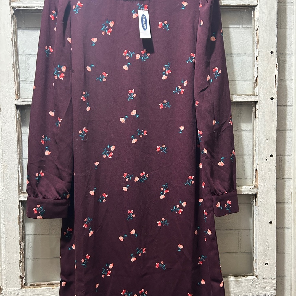 NWT Old Navy Floral Long Sleeve Shift Dress - Burgundy - Size M